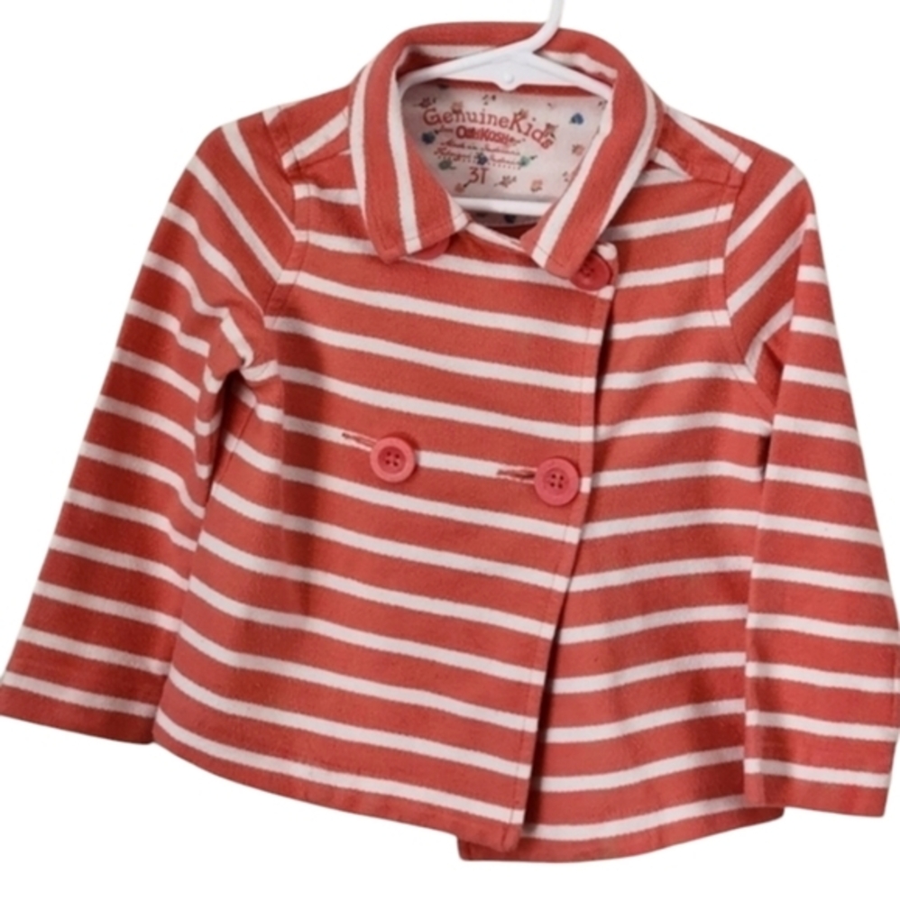 Osh Kosh Genuine Kids Striped Pea Coat Peach and White Size‎ 3T